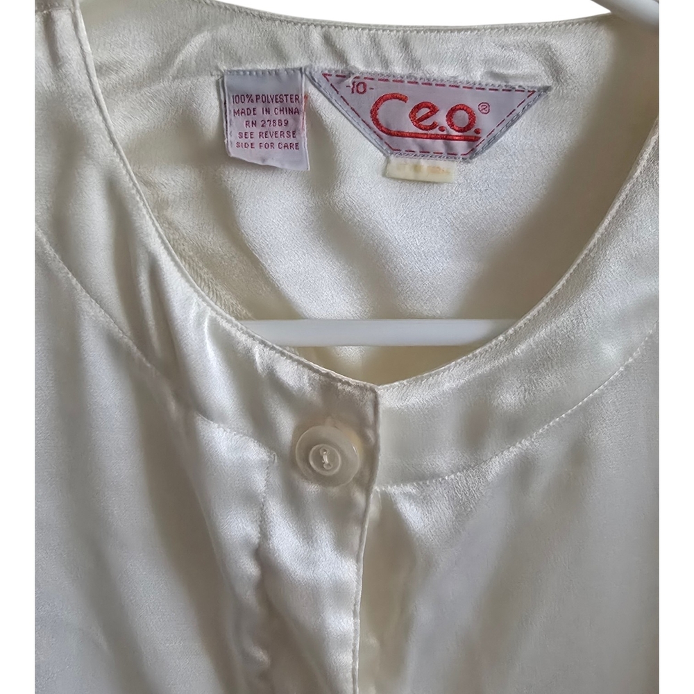 Vintage 80s C.E.O. Ivory Satin Blouse | Cream Button Up Long Sleeve Top - Picture 3 of 5